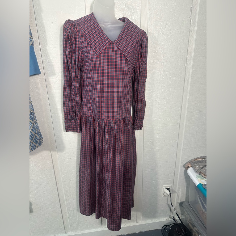 Maggie Breen Red and Blue Drop Waist CottageCore Dress No Size EUC